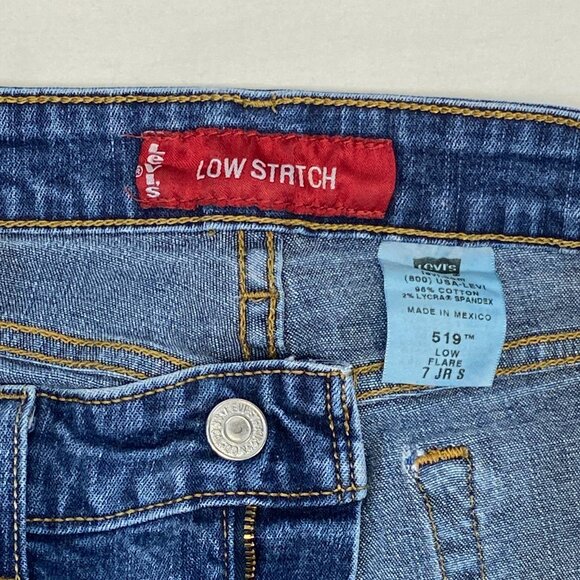 Levi’s 519 Low Rise Flare Jeans Faded Medium Wash Distressed Stretch Denim 7S - Picture 12 of 14